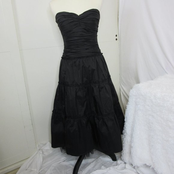 BCBG MaxAzria Black Silk Strapless Tiered Ruffle Formal Semi Midi Dress Size 4 - Picture 2 of 11